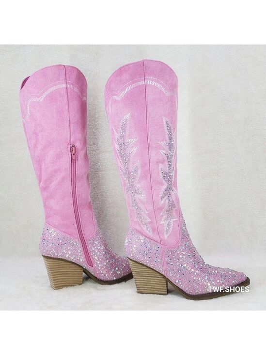 Cape Robbin Shoes - Anniston Baby Pink / Rhinestones Glamour Country Western Cowgirl Knee Boots